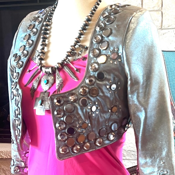Vintage Double D Ranch Metalic Mirrored Crop Leather Jacket! XS